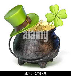 Pot de fer plein de pièces d'or, vert le jour de la Saint Patrick chapeau et 3D de trèfle Banque D'Images