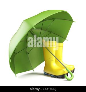 Paire de bottes de pluie jaune et un parapluie vert 3D Banque D'Images