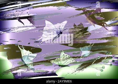 Image abstraite : papillons et fleurs colorés à l'air. Banque D'Images