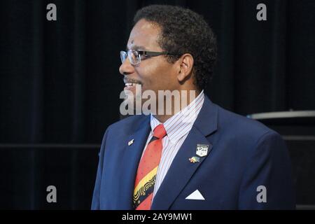 College Park, Maryland, États-Unis. 14 février 2020. Darryll J. Pines, PhD vu dans le profil à une glace Cream social l'accueillant comme le 34 e président de l'Université du Maryland, tenu dans la salle de bal Colony de l'Adele H. Stamp Student Union. Il est actuellement doyen de la Clark School of Engineering et professeur de génie aérospatial. Crédit: Evan Golub/Zuma Wire/Alay Live News Banque D'Images