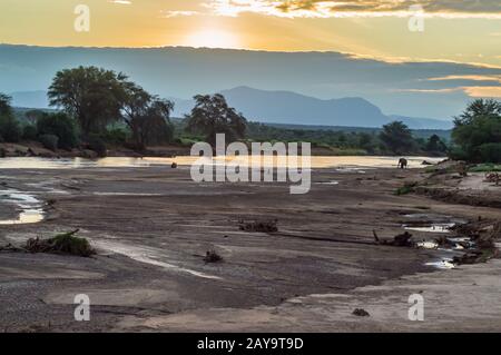 Coucher de soleil sur la rivière Ewaso Ngiro dans le parc Samburu Banque D'Images