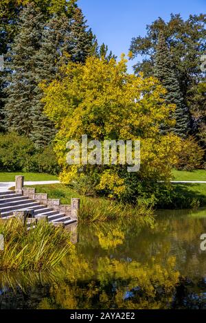 Lac et arbres dans le parc du château de Lednice Banque D'Images