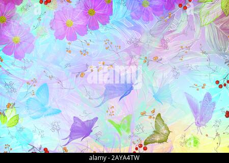 Résumé image : papillons et fleurs avec des feuilles. Banque D'Images