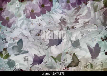 Résumé image : papillons et fleurs avec des feuilles. Banque D'Images