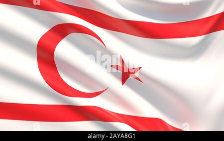 Drapeau de la République turque de Chypre-Nord. Texture de tissu très détaillée ondulée. Banque D'Images