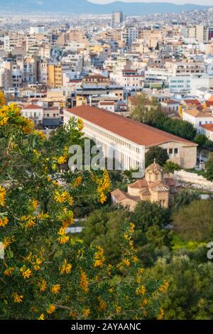 STOA d'Attalos vue de la colline de l'Acropole, Athènes, Grèce. Banque D'Images