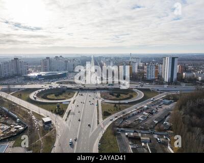 Kiev, Ukraine vue panoramique sur la ville avec des bâtiments de grande hauteur et une jonction de la place Odessa en forme de quattrefo Banque D'Images