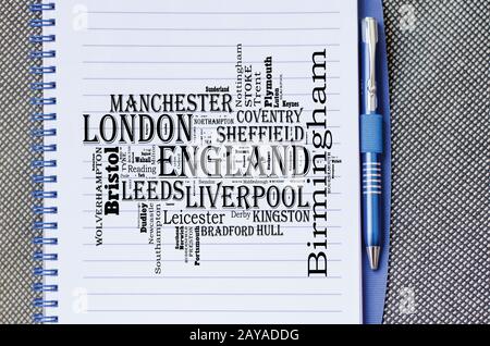 Concept de voyage en nuage de mots Localités d'Angleterre Banque D'Images