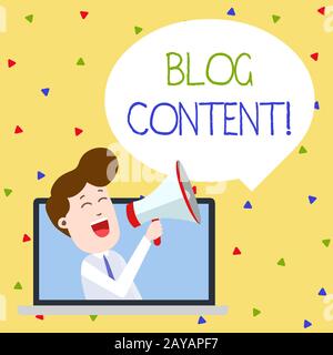 Texte texte texte texte Blog contenu. Concept d'affaires pour les messages sur une page de streaming continu ou des pages individuelles Man Speaking Thr Banque D'Images