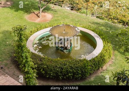 Vue sur une ancienne fontaine ovale entourée de boxwood dans le jardin Banque D'Images