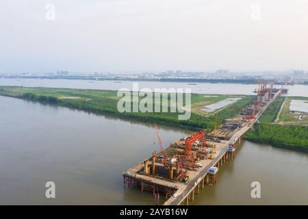 Vue aérienne du site de construction de pont Banque D'Images