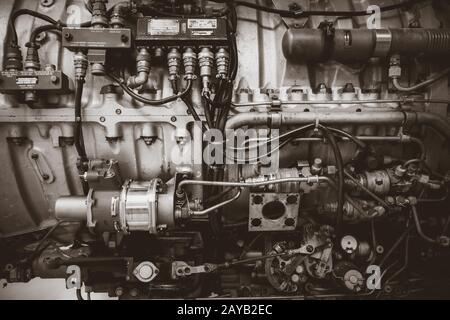 Ancien moteur d'avion vintage. Photo en noir et blanc Banque D'Images