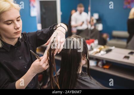 coiffeur tenant des ciseaux et le peigne et fait la coupe de cheveux femme client. Jeune femme belle coupe de cheveux dans le salon de beauté. Processus de Banque D'Images