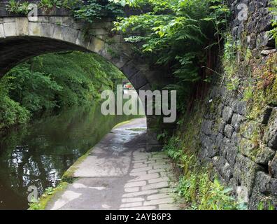 un chemin le long du canal de rochdale traversant sous un vieux pont en pierre surgrandi avec la végétation avec des arbres et un narrowboat dans le Banque D'Images