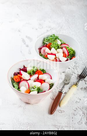 Salade avec tomates cerises, mozzarella et radsh, mélange de laitue Banque D'Images