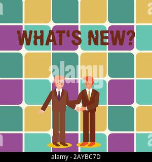 Signe texte indiquant la nouvelle question. Photo conceptuelle lorsque vous demandez à quelqu'un au sujet de ses événements en direct actions deux Businessm Banque D'Images