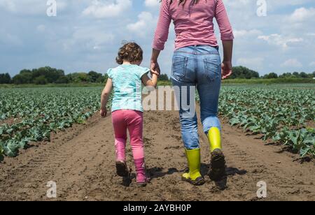 Femme et enfant sur plantation de chou. Banque D'Images