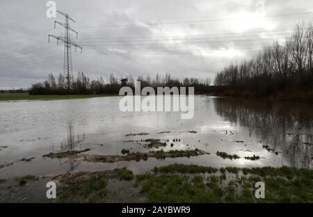 Rostock, Allemagne. 12 février 2020. Sur un pré, un petit lac s'est formé après la pluie continue des derniers jours et des dernières semaines. La précédente pluie de février a apporté un soulagement à l'équilibre hydrique dans la Mecklembourg-Poméranie occidentale, mais elle est encore loin d'être suffisante. La situation jusqu'à une profondeur de 25 centimètres est revenue à la normale, ce qui est particulièrement bénéfique pour les cultures agricoles. Jusqu'à 1,80 mètre de profondeur, il est encore trop sec. Crédit: Bernd Wüstneck/Dpa-Zentralbild/Dpa/Alay Live News Banque D'Images