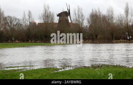 Rostock, Allemagne. 12 février 2020. Sur un pré, un petit lac s'est formé après la pluie continue des derniers jours et des dernières semaines. La précédente pluie de février a apporté un soulagement à l'équilibre hydrique dans la Mecklembourg-Poméranie occidentale, mais elle est encore loin d'être suffisante. La situation jusqu'à une profondeur de 25 centimètres est revenue à la normale, ce qui est particulièrement bénéfique pour les cultures agricoles. Jusqu'à 1,80 mètre de profondeur, il est encore trop sec. Crédit: Bernd Wüstneck/Dpa-Zentralbild/Dpa/Alay Live News Banque D'Images