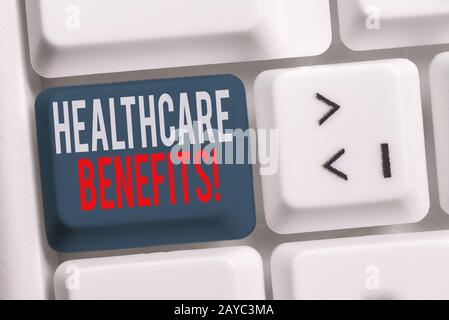 Écriture de texte manuscrite avantages pour la santé. Concept signification valeur mensuelle du marché équitable fournie aux personnes à charge des employés White pc Banque D'Images
