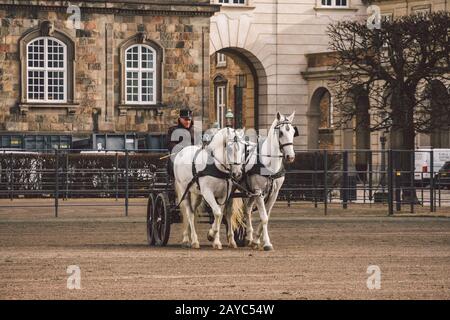 20 Février 2019. L'officier militaire forme deux chevaux blancs des écuries royales devant. Chevaux et voiturette avec cavalier à Christi Banque D'Images