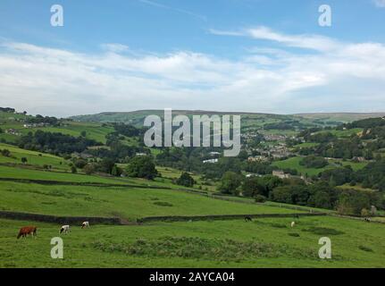 vue sur le village de cragg vale dans la vallée de calder entourée d'arbres et de champs Banque D'Images