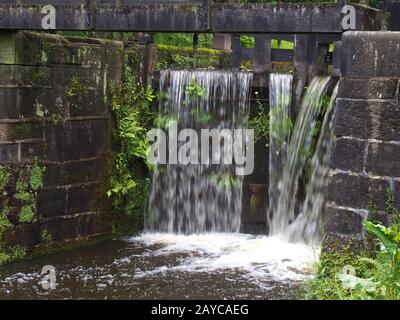 l'eau qui tombe sur d'anciennes portes de écluses en bois sur le canal de rochdale surgrandi avec des plantes et des fougères Banque D'Images