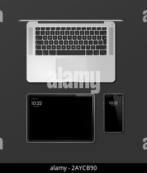 Ordinateur portable, tablette et téléphone se défonce en noir. Rendu tridimensionnel Banque D'Images