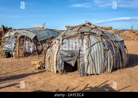 Village de Dassanech, rivière Omo, Ethiopie Banque D'Images