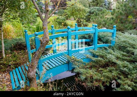 petite passerelle turquoise au-dessus d'un étang Banque D'Images