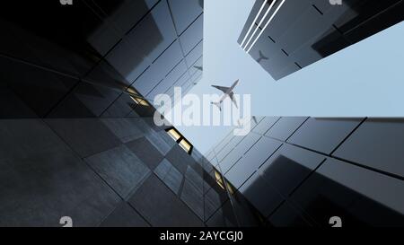 Avion volant sur des bâtiments de bureau génériques modernes en verre et en béton . Concepts de finances et contexte économique. rendu tridimensionnel Banque D'Images