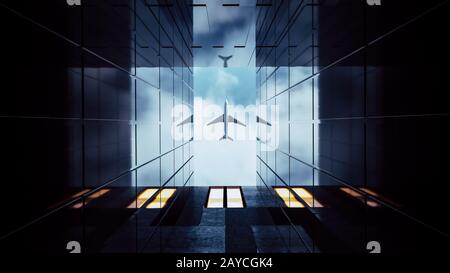 Avion volant sur des bâtiments de bureau génériques modernes en verre et en béton . Concepts de finances et contexte économique. rendu tridimensionnel Banque D'Images