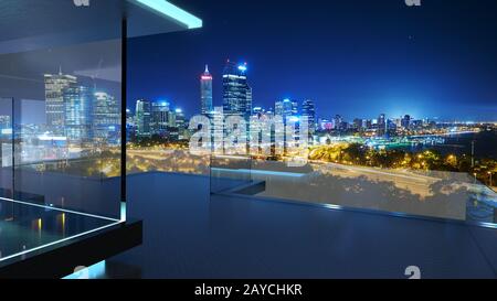 Un balcon en verre moderne avec vue sur la ville de kuala lumpur véritable arrière-plan photographique Banque D'Images