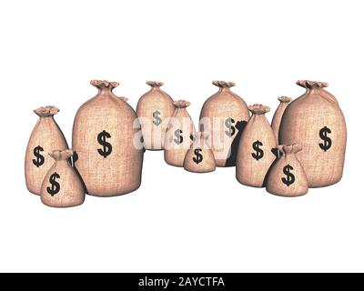 Sacs d'argent en jute dans différentes devises Banque D'Images