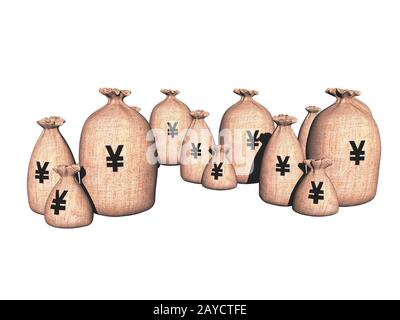 Sacs d'argent en jute dans différentes devises Banque D'Images