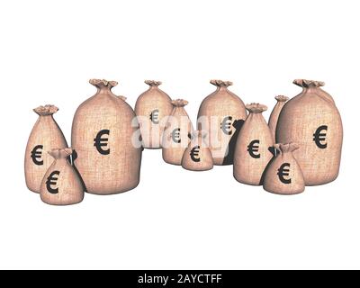 Sacs d'argent en jute dans différentes devises Banque D'Images