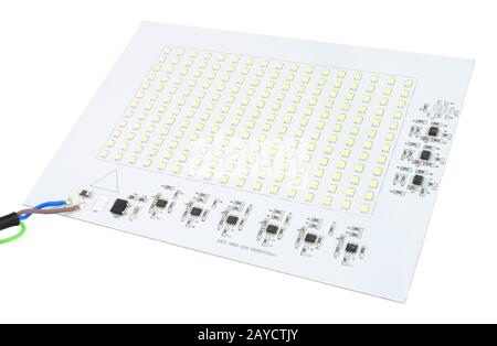 Carte de circuit d'éclairage d'inondation LED haute intensité de tension secteur isolée sur fond blanc Banque D'Images