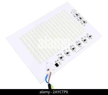 Carte de circuit d'éclairage d'inondation LED haute intensité de tension secteur isolée sur fond blanc Banque D'Images