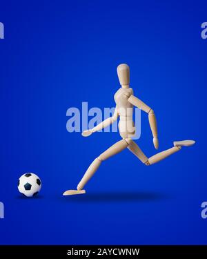 Jouet en bois Football figure sur bleu Banque D'Images