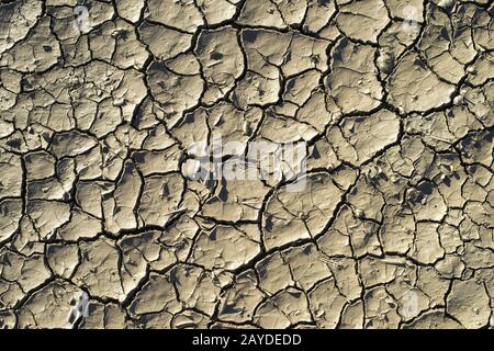 Texture de sol fissurée. Ombres et soleil durs. Terre séchée. Banque D'Images