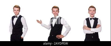Jeune homme en noir gilet classique isolated on white Banque D'Images