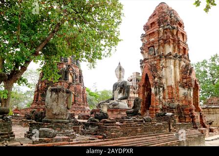 Wat Mahatha ou le Monastère de la Grande Rélique, Célèbres ruines de Temple dans le Parc historique d'Ayutthaya en Thaïlande Banque D'Images