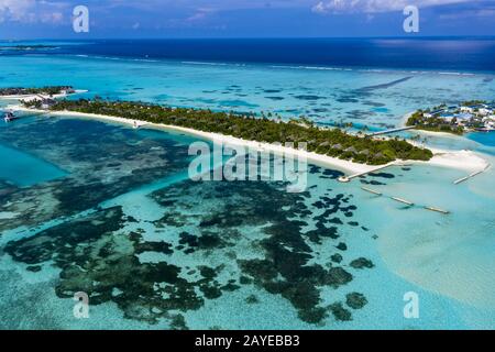 Vue aérienne, Maldives, Bodufinolhu, Maldives Fun Island Lagoon, South Malé Atoll, Maldives Banque D'Images