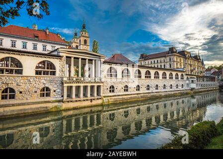 La rivière Ljubljanica et du Marché Central, Ljubljana, Slovénie Banque D'Images