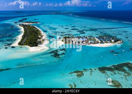 Vue aérienne, Maldives, Bodufinolhu, Maldives Fun Island Lagoon, South Malé Atoll, Maldives Banque D'Images