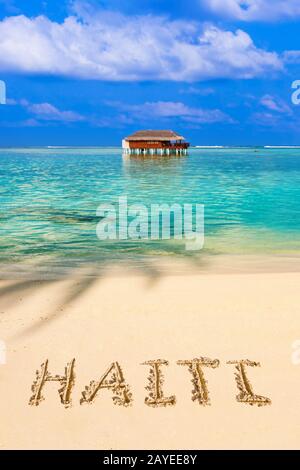 Mot Haïti on beach Banque D'Images