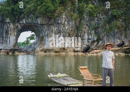 Homme avec cormorans devant l'Elephant Trunk Hill Arch Banque D'Images