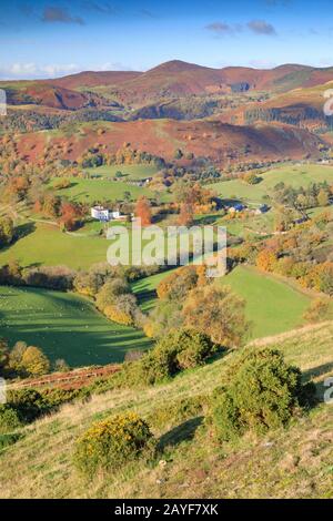 La vue de Castell Dinas Bran sur la Promenade Panorama près de Lllangollen dans le nord du Pays de Galles avec les montagnes de Berwyn au loin. Banque D'Images