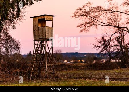 Tour de chasse après le coucher du soleil dans le paysage rural contre le ciel rose. Stand Deer près de Zettling Graz en Autriche. Banque D'Images