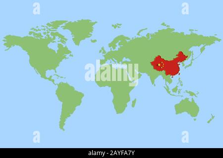 Carte du monde montrant la république de chine isolée du reste du monde à cause du coronavirus qui est représenté comme drapeau chinois, concept tridimensionnel Banque D'Images